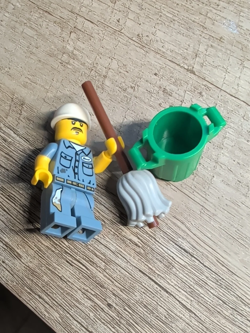 Lego Series 15 Janitor Minifigure with Mop and Green Trash Can
